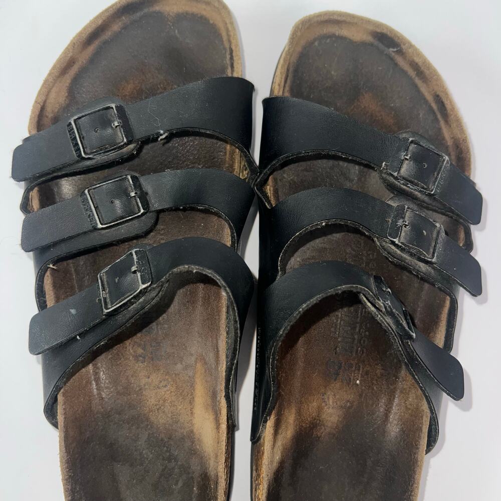 Birkenstock Florida Black Leather Buckle Used Triple Strap Sandals Size 42 - Picture 9 of 16
